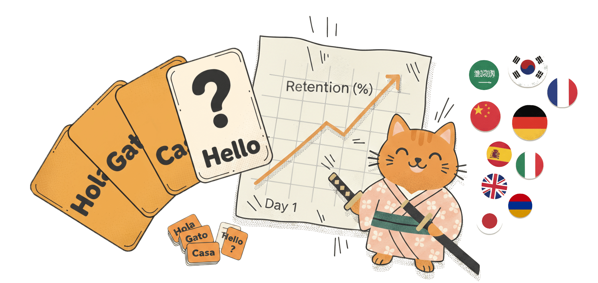 Flashcards learning illustration with cat, cards and progress chart